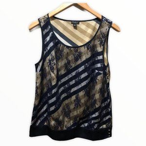 {Ann Taylor} Navy Striped Lace Overlay Tank Top